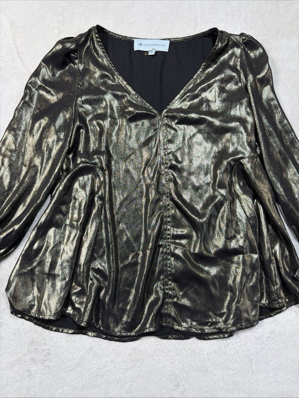 Tuckernuck Metallic Peplum Blouse Gunmetal Bronze Party Top Womens SZ XS NWOT